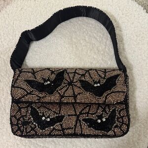 Beaded Bat Motif Clutch in Black and Gold-Tone